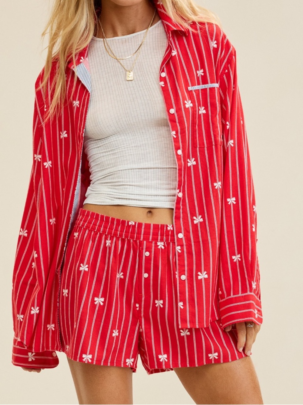 Aerie Bright Red Flannel Girl Boxers Striped with White Bow Print, NWT, Size L